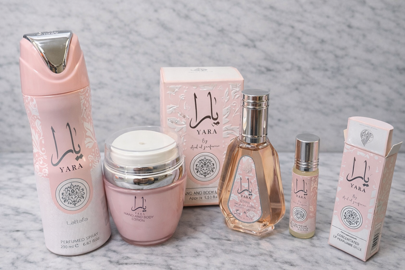 Set Yara Body spray 200ml /Body lotion 45ml /EDP 50ml/Roll 10ml