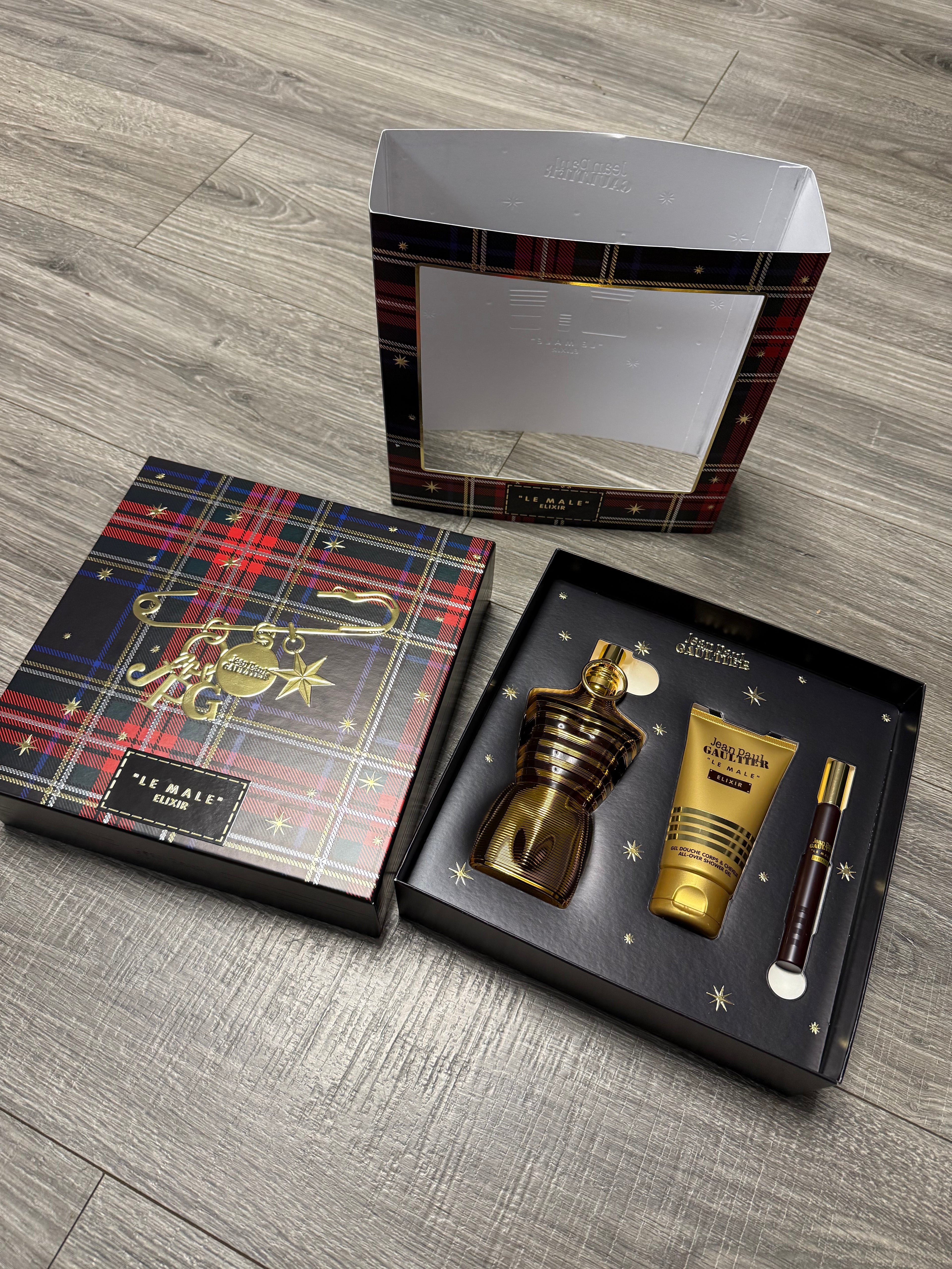 Gift set Le Male Elixir Parfum 125 ml / 4.2 fl. oz + Gel de ducha 75 ml + Vaporizador de viaje 10 ml for men by Jean Paul Gaultier