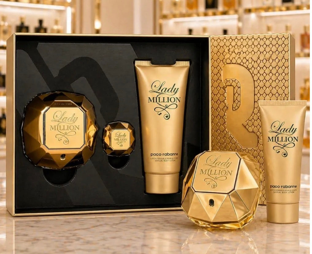 Lady Million Gift set Lady Million Eau de Parfum 80 ml / 2.7 fl. oz + 3.4 oz Body Lotion + 5 ml Mini For Women by Paco Rabanne